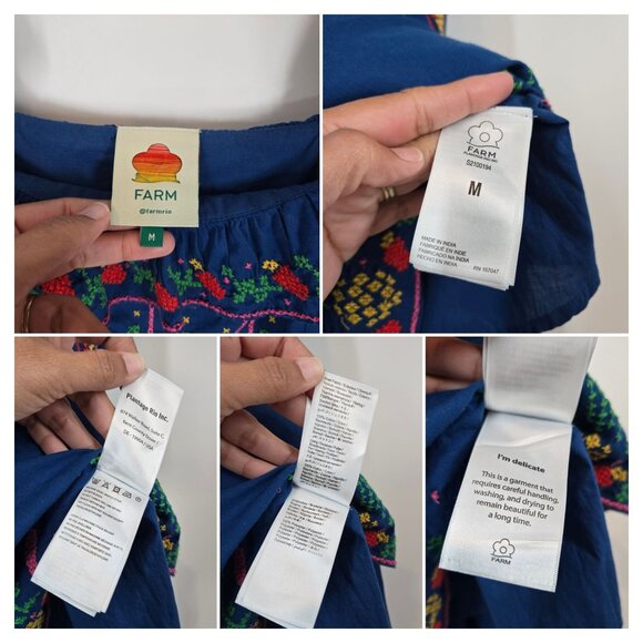 Farm Rio Blue Cross Stitch Embroidered Midi Dress w/ Ruffle Women's Size Medium - Picture 11 of 12